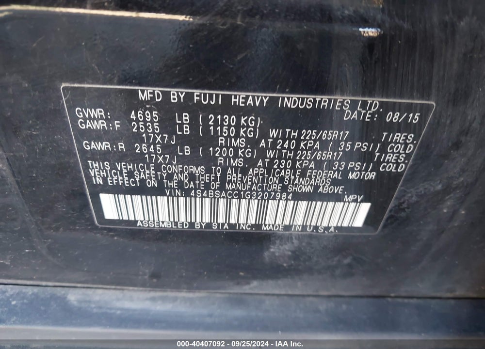 2016 SUBARU OUTBACK 2.5I PREMIUM VIN: 4S4BSACC1G3207984