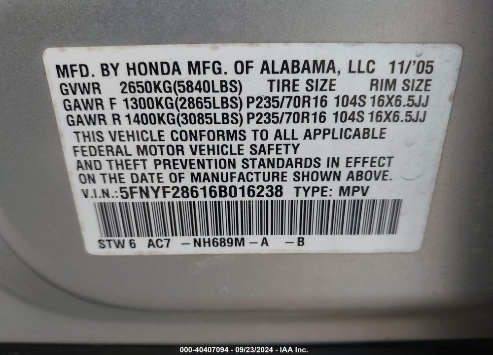 2006 HONDA PILOT EX-L VIN: 5FNYF28616B016238