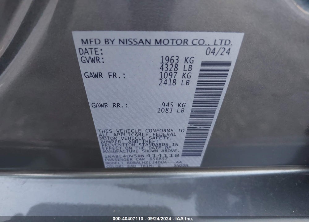 2024 NISSAN ALTIMA SV FWD VIN: 1N4BL4DV5RN414118