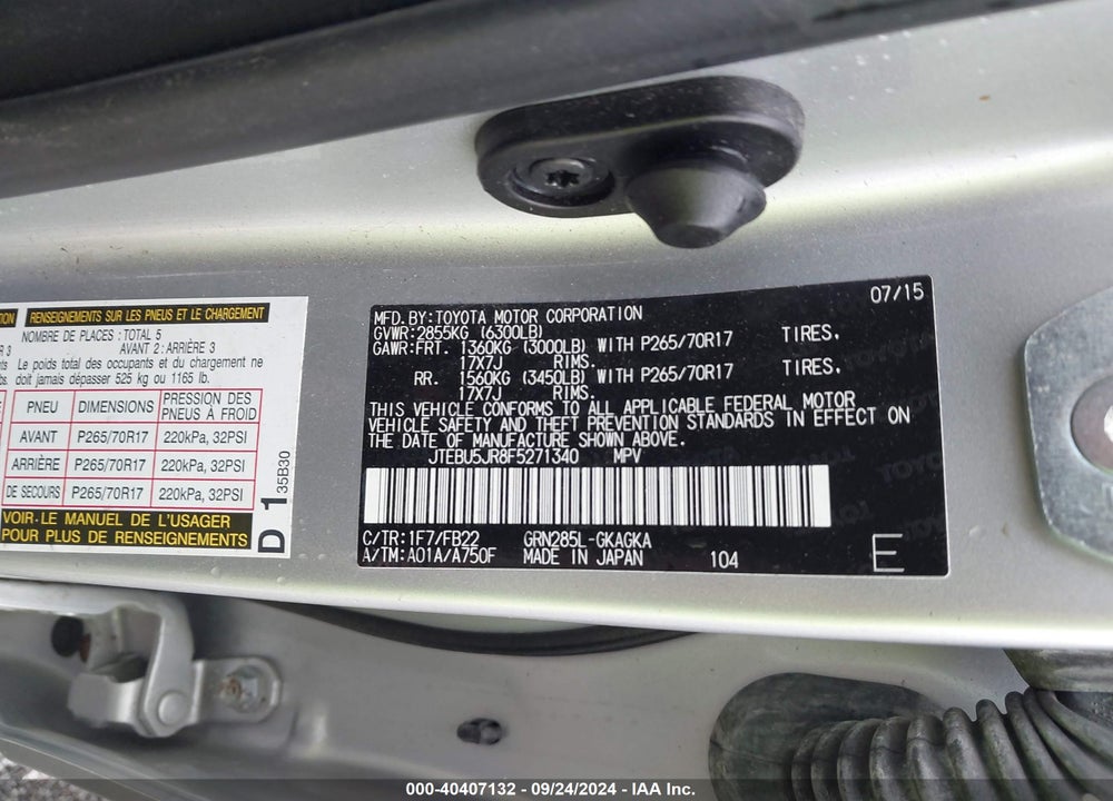 2015 TOYOTA 4RUNNER SR5 VIN: JTEBU5JR8F5271340