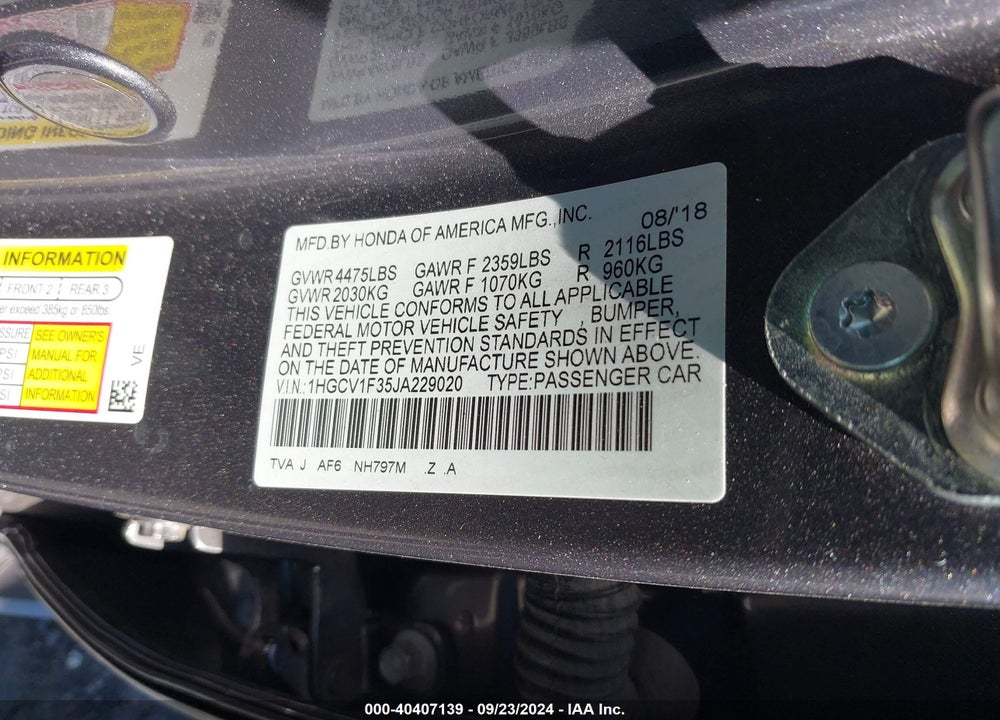 2018 HONDA ACCORD SPORT VIN: 1HGCV1F35JA229020