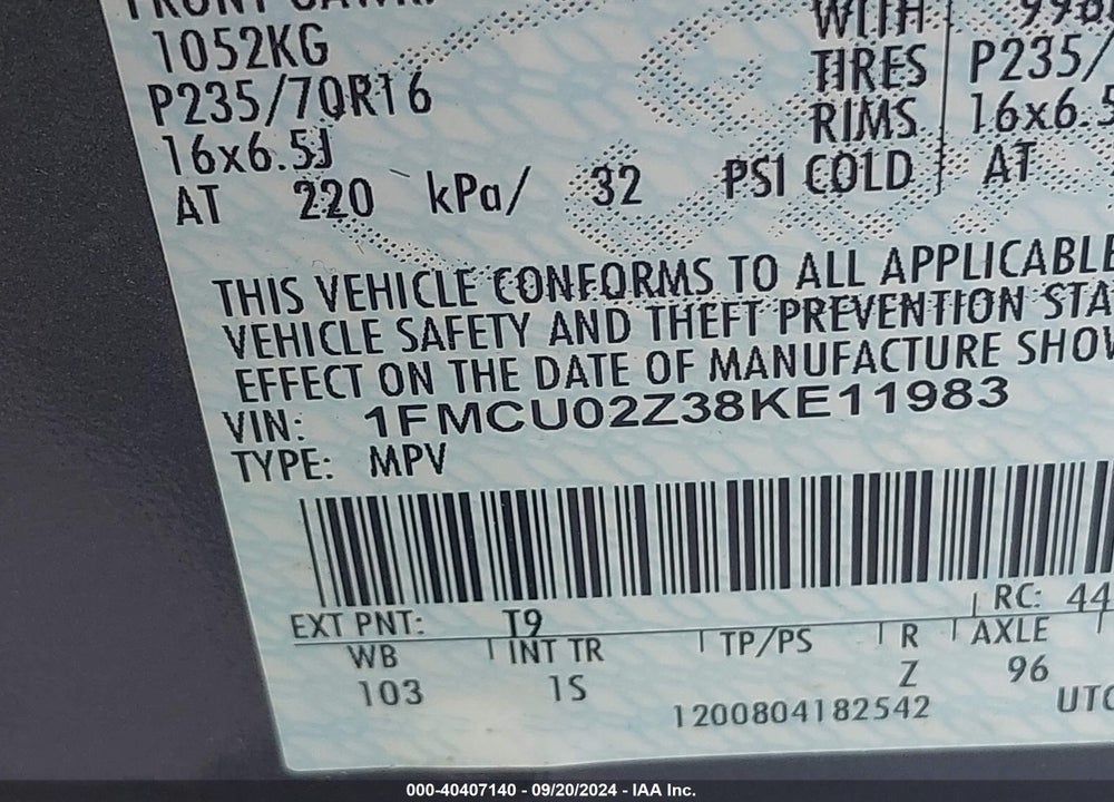 2008 FORD ESCAPE XLS/XLS MANUAL VIN: 1FMCU02Z38KE11983