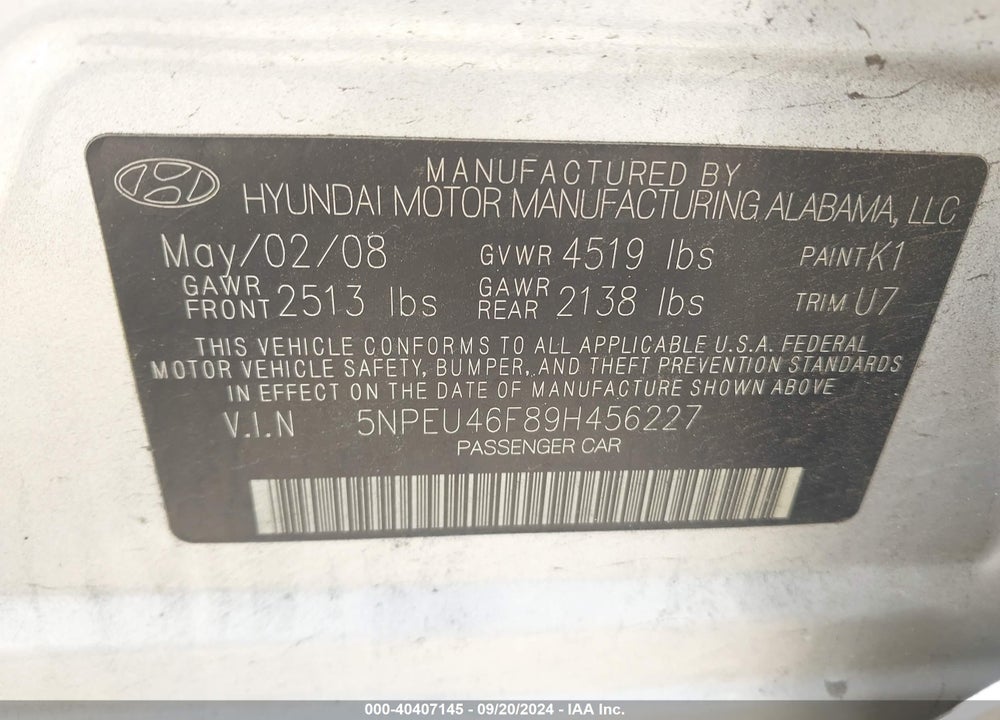2009 HYUNDAI SONATA LIMITED V6 VIN: 5NPEU46F89H456227