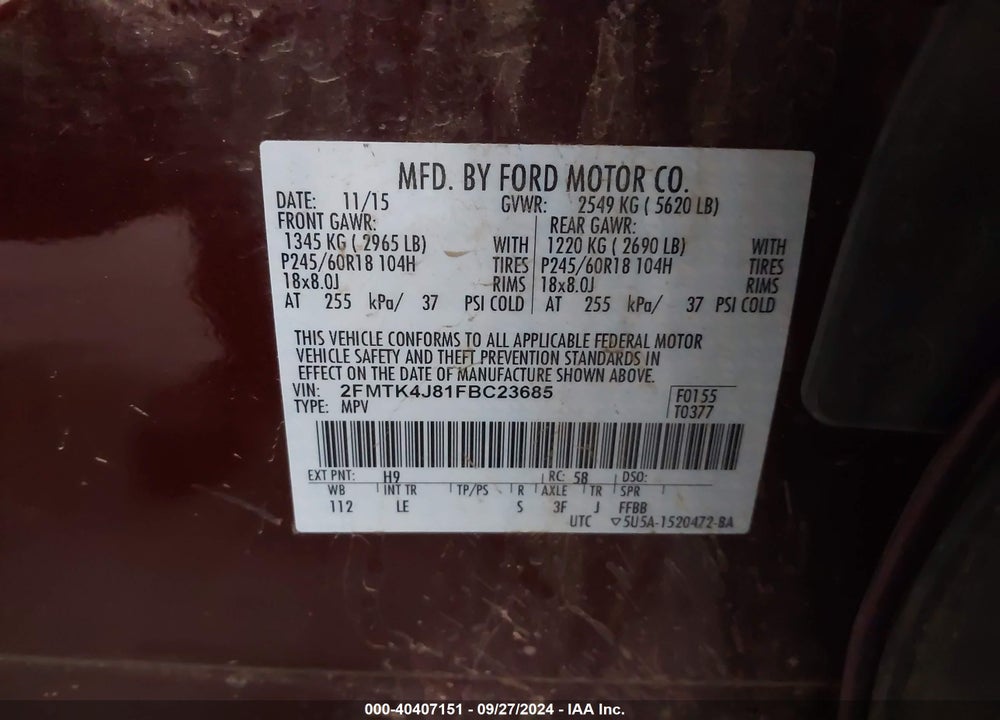 2015 FORD EDGE SEL VIN: 2FMTK4J81FBC23685
