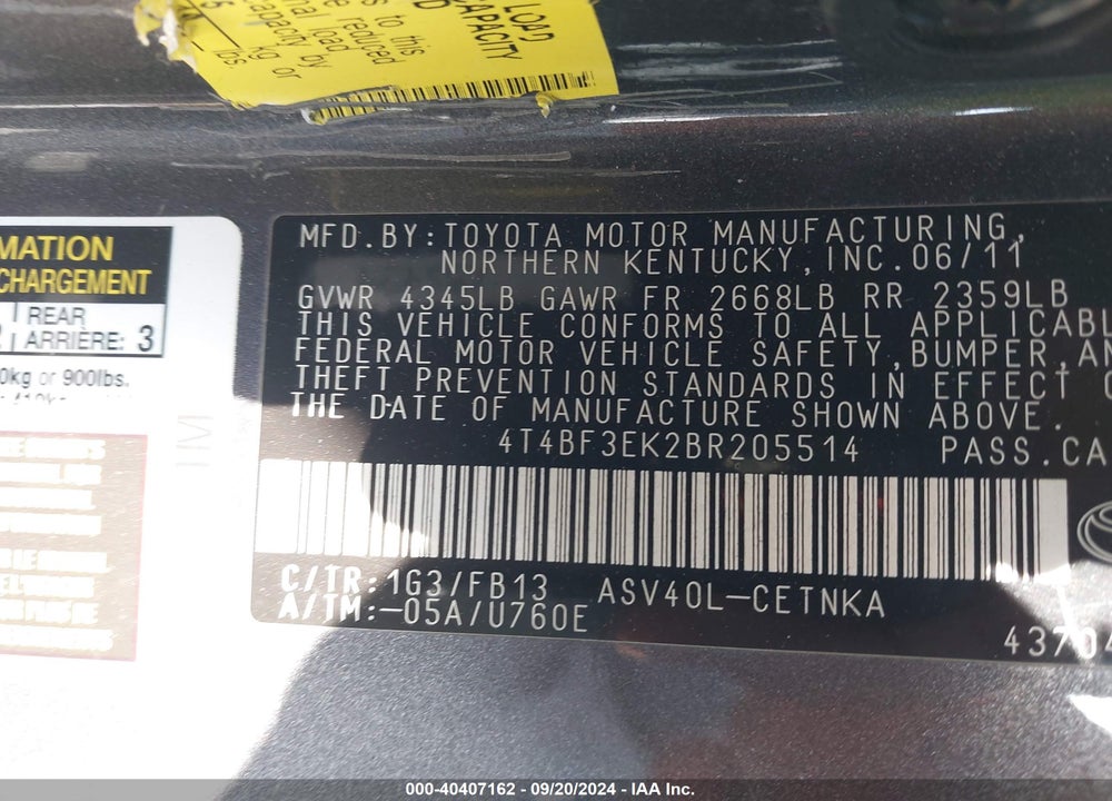 2011 TOYOTA CAMRY LE VIN: 4T4BF3EK2BR205514