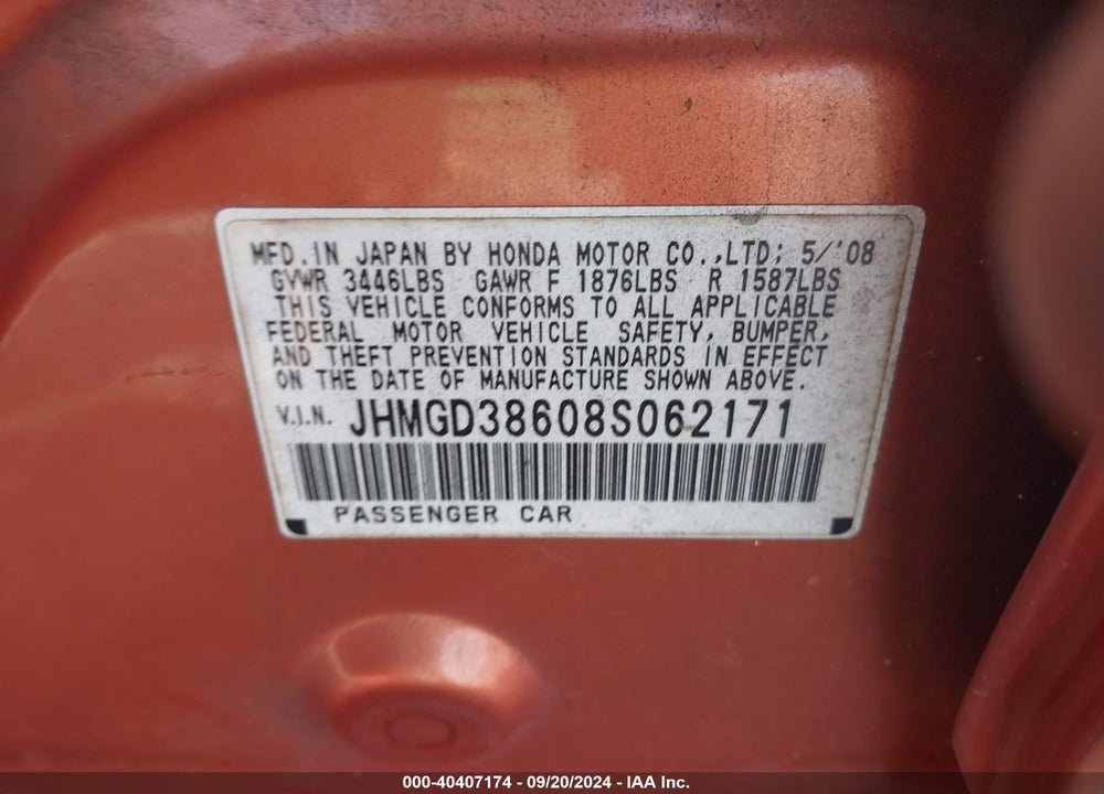 2008 HONDA FIT SPORT VIN: JHMGD38608S062171