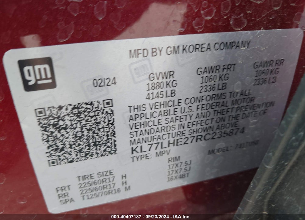 2024 CHEVROLET TRAX FWD LT VIN: KL77LHE27RC235874