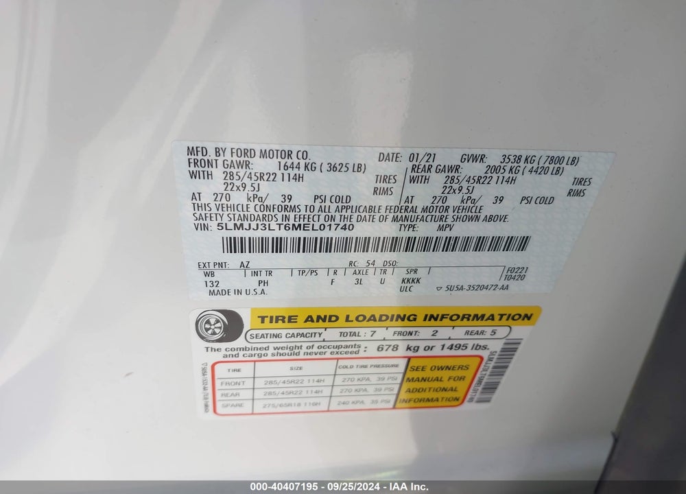 2021 LINCOLN NAVIGATOR RESERVE L VIN: 5LMJJ3LT6MEL01740