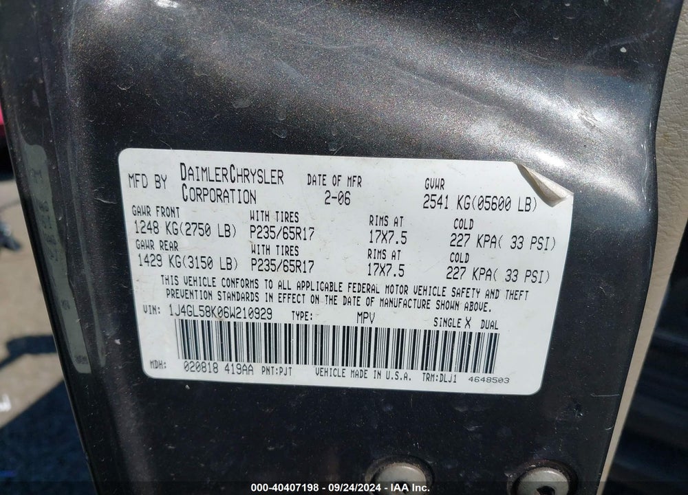 2006 JEEP LIBERTY LIMITED EDITION VIN: 1J4GL58K06W210929