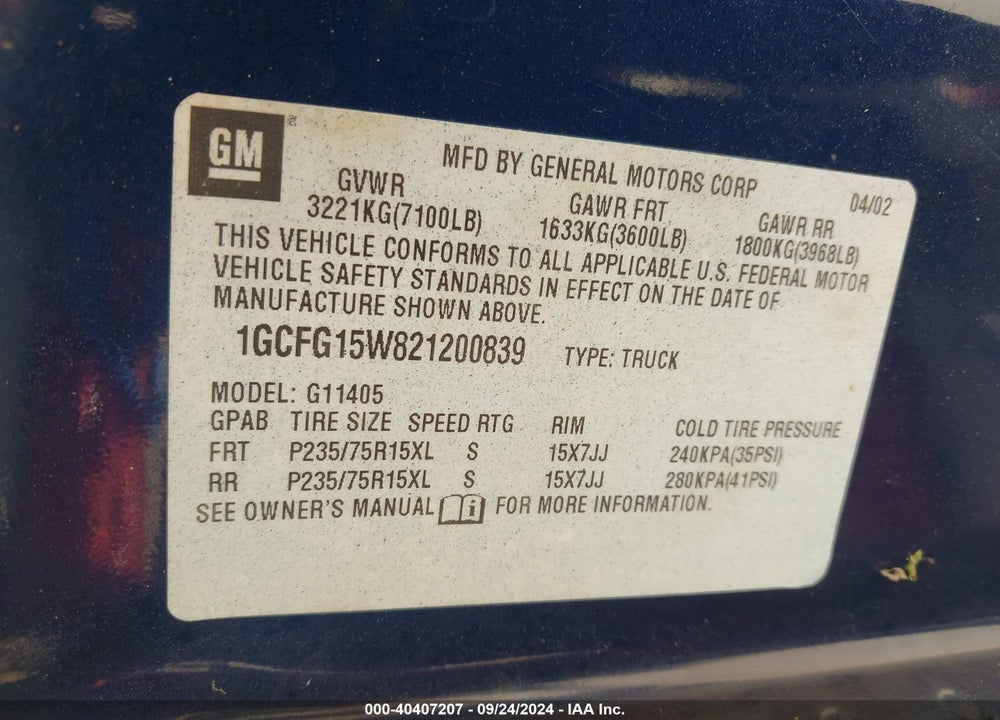 2002 CHEVROLET EXPRESS VIN: 1GCFG15W821200839