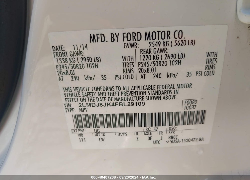 2015 LINCOLN MKX VIN: 2LMDJ8JK4FBL29109