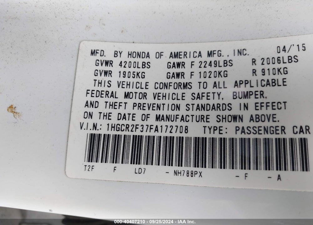 2015 HONDA ACCORD LX VIN: 1HGCR2F37FA172708