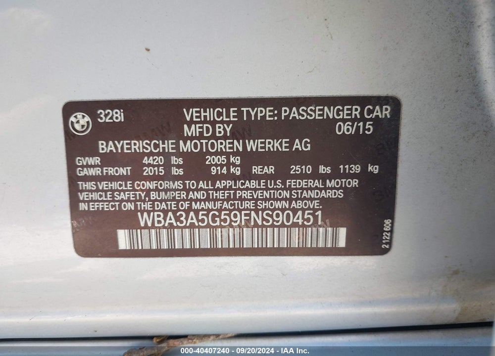 2015 BMW 328I VIN: WBA3A5G59FNS90451