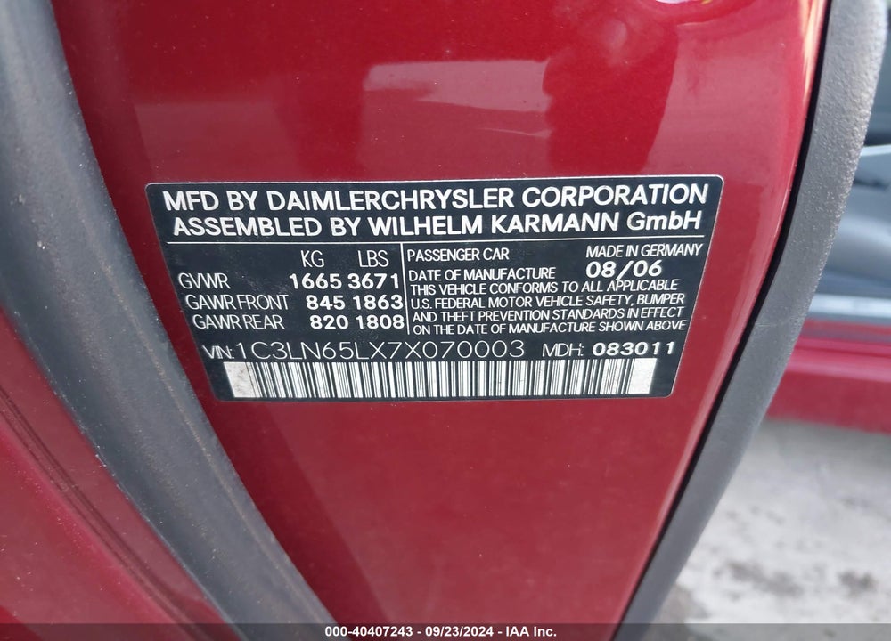 2007 CHRYSLER CROSSFIRE LIMITED VIN: 1C3LN65LX7X070003