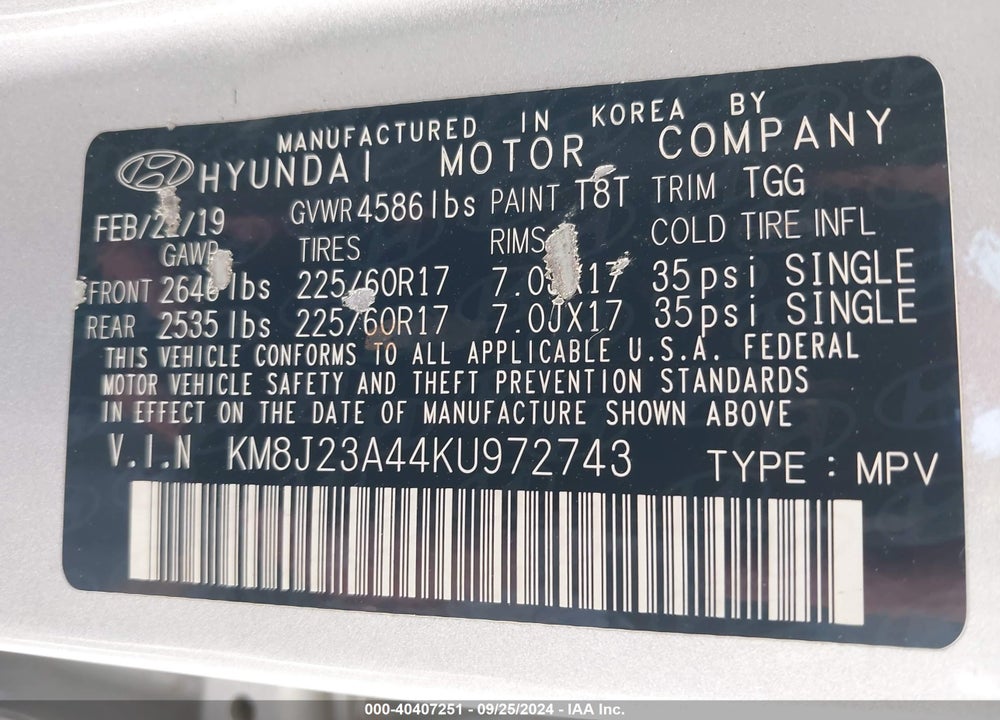 2019 HYUNDAI TUCSON SE VIN: KM8J23A44KU972743
