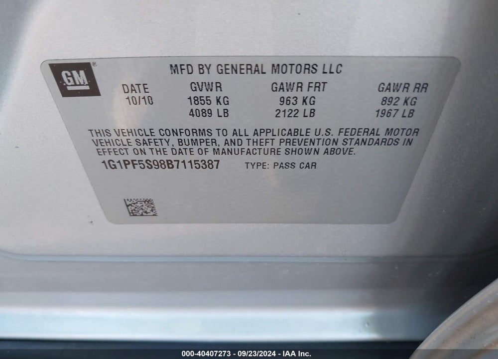 2011 CHEVROLET CRUZE 1LT VIN: 1G1PF5S98B7115387