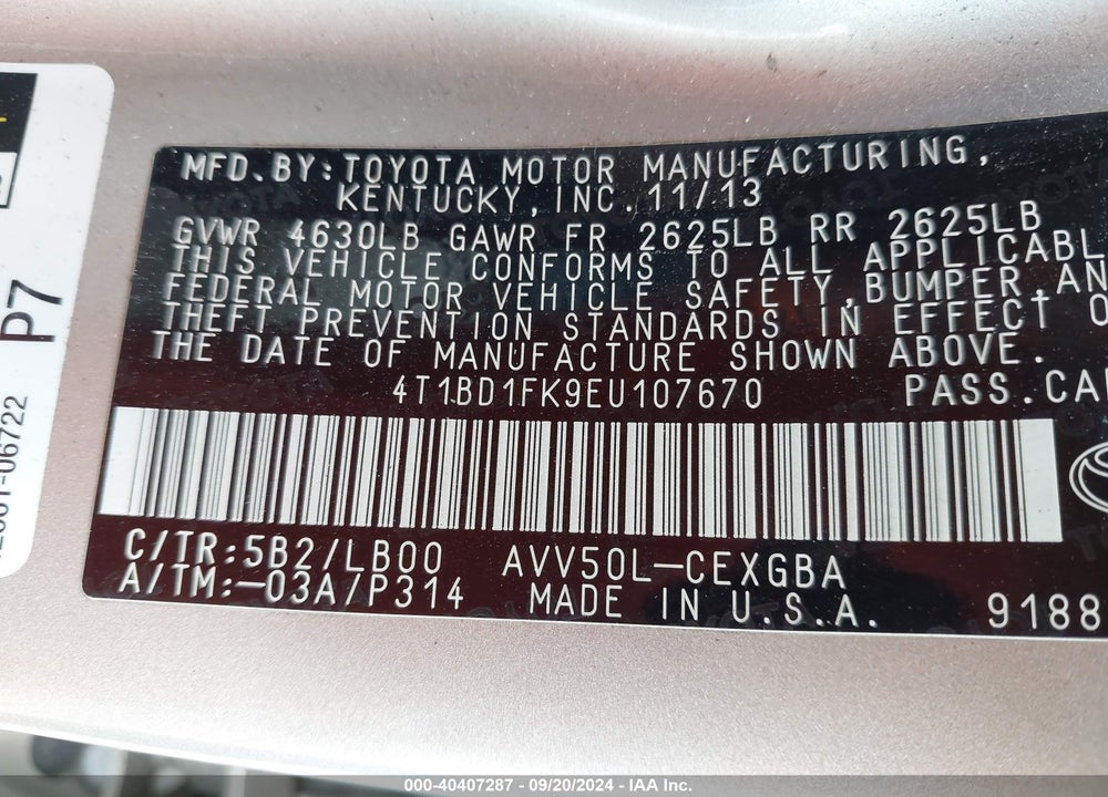 2014 TOYOTA CAMRY HYBRID XLE VIN: 4T1BD1FK9EU107670