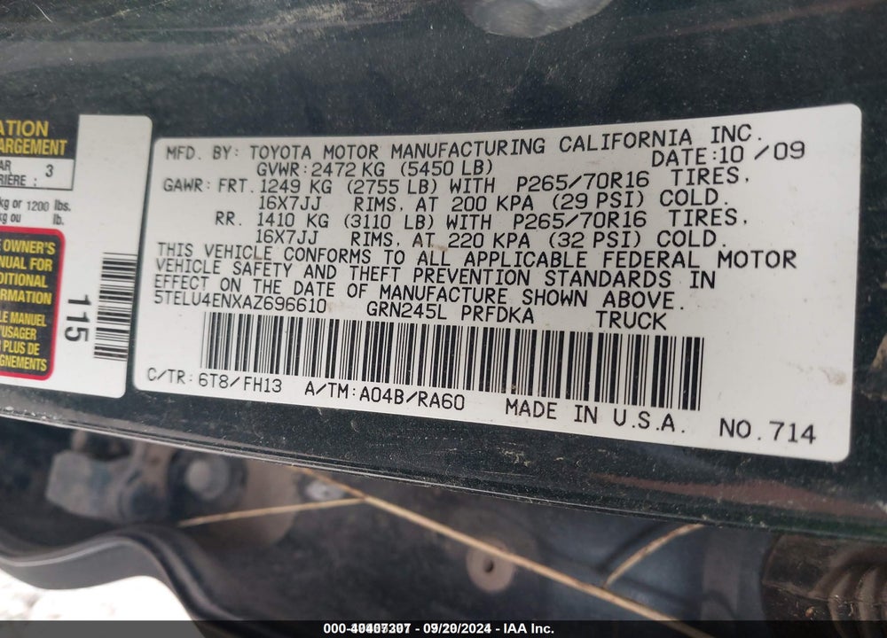 2010 TOYOTA TACOMA BASE V6 VIN: 5TELU4ENXAZ696610