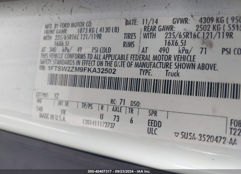 2015 FORD TRANSIT-350 VIN: 1FTSW2ZM9FKA32502