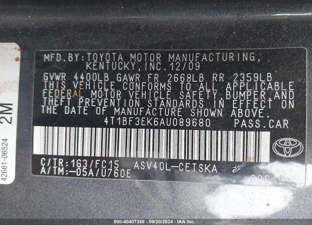 2010 TOYOTA CAMRY SE VIN: 4T1BF3EK6AU089680