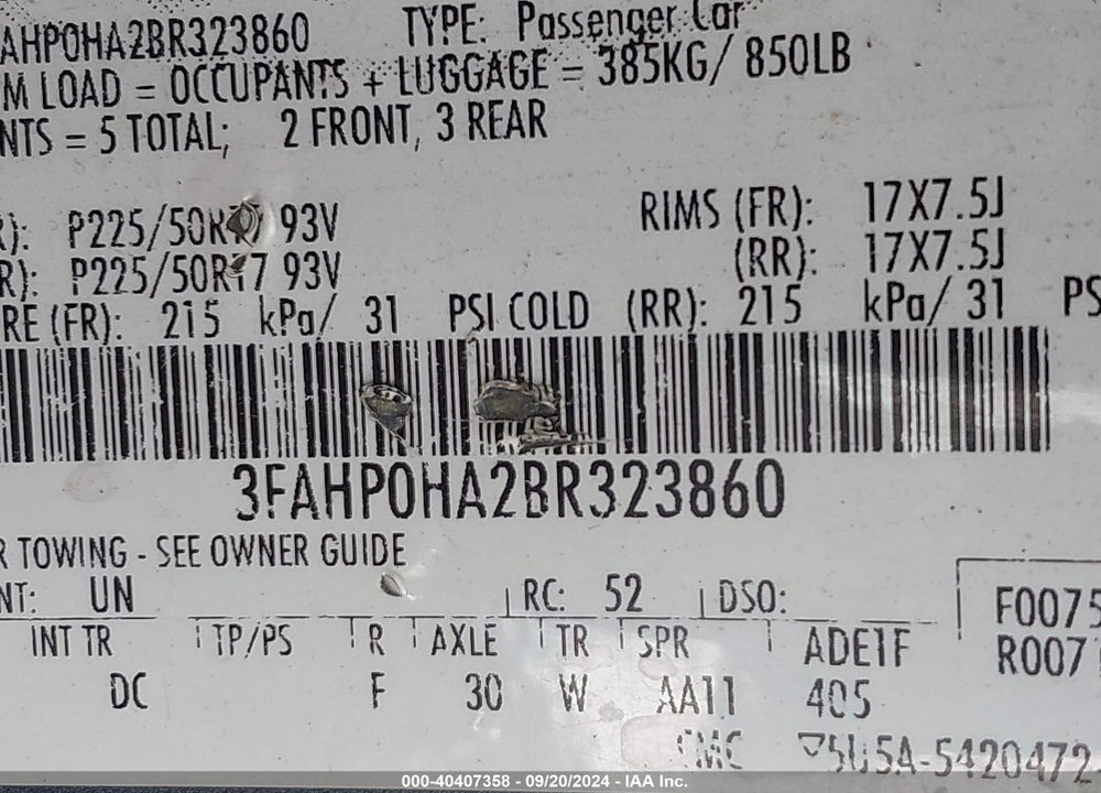 2011 FORD FUSION SE VIN: 3FAHP0HA2BR323860
