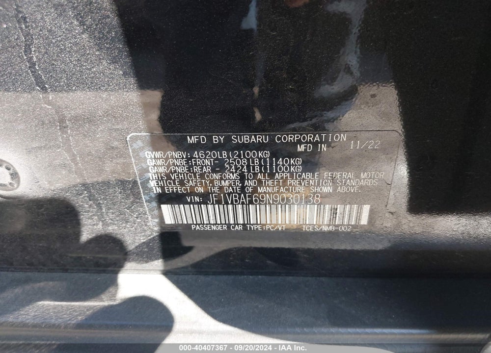 2022 SUBARU WRX PREMIUM VIN: JF1VBAF69N9030138