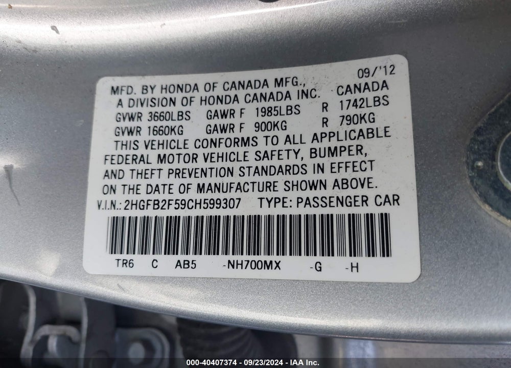 2012 HONDA CIVIC LX VIN: 2HGFB2F59CH599307