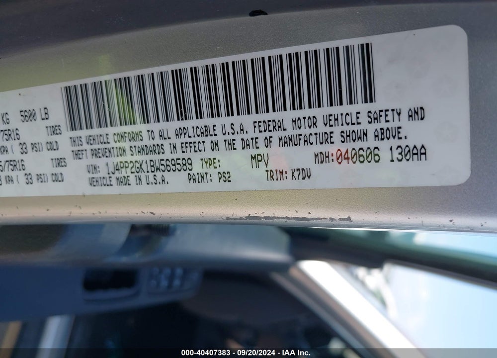 2011 JEEP LIBERTY SPORT VIN: 1J4PP2GK1BW569589