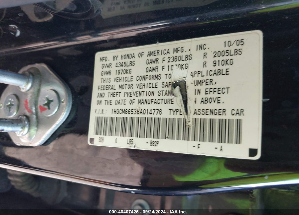 2006 HONDA ACCORD 3.0 EX VIN: 1HGCM66536A014776