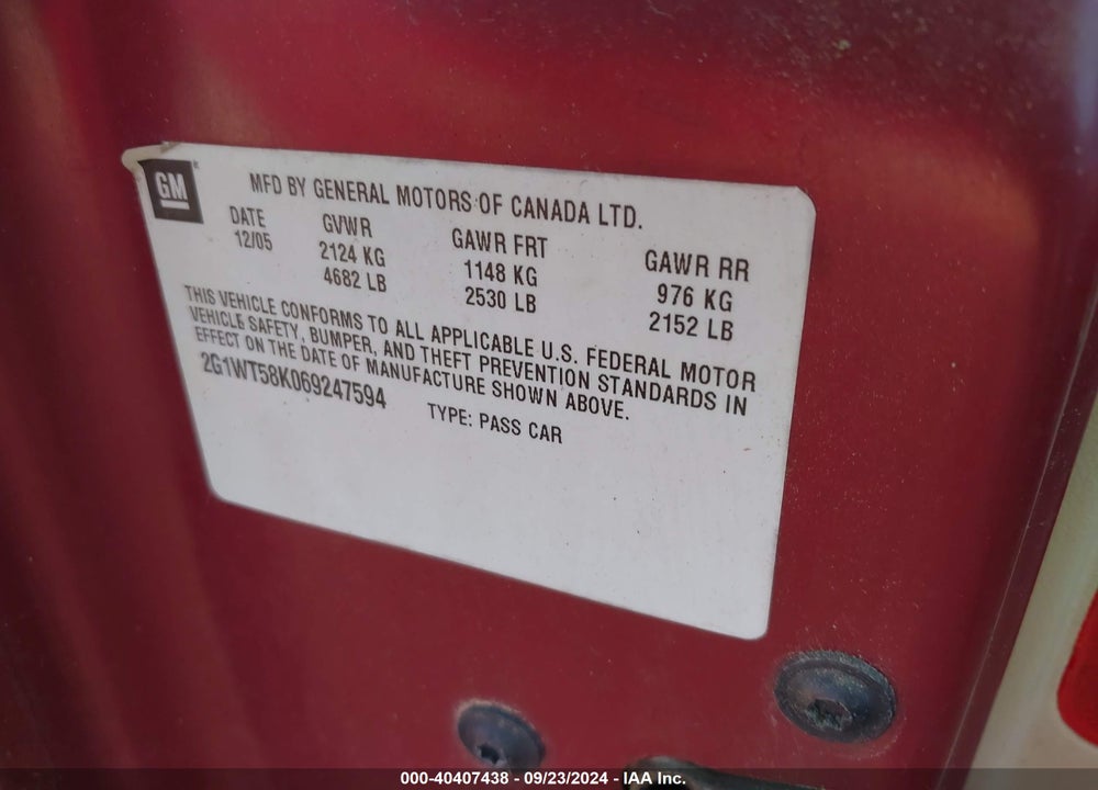 2006 CHEVROLET IMPALA LT VIN: 2G1WT58K069247594