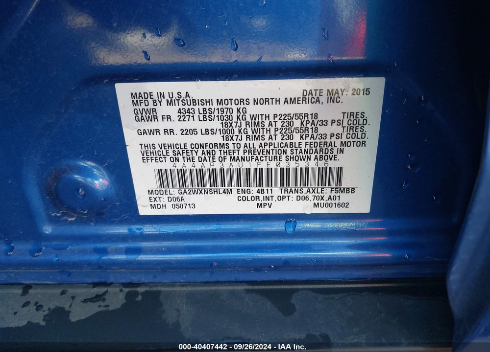 2015 MITSUBISHI OUTLANDER SPORT ES VIN: 4A4AP3AU1FE035346