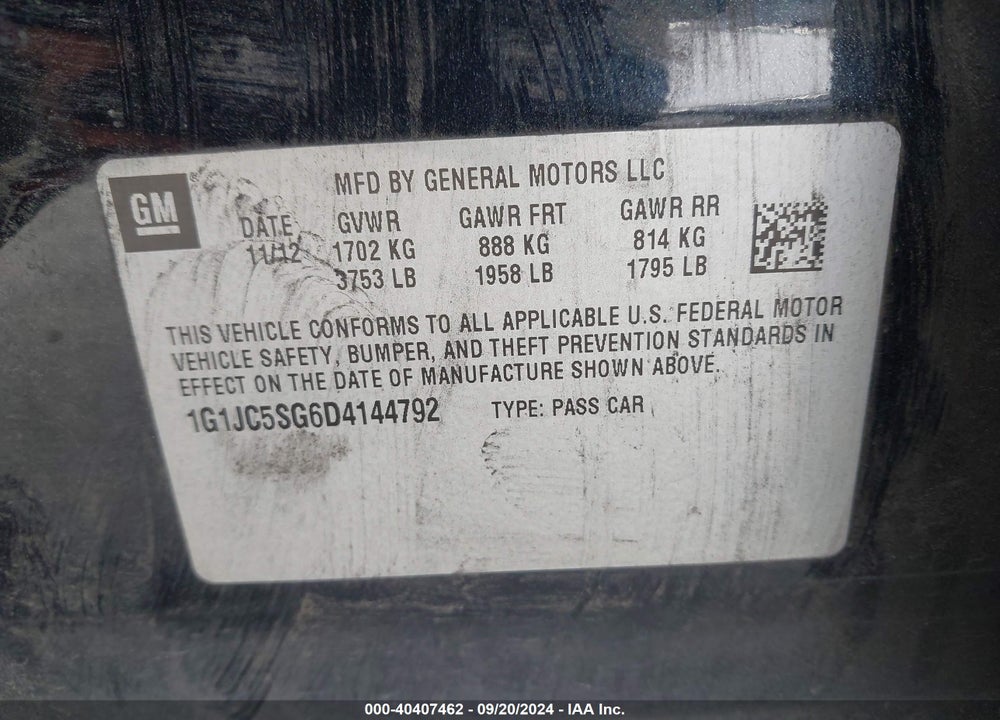 2013 CHEVROLET SONIC LT AUTO VIN: 1G1JC5SG6D4144792