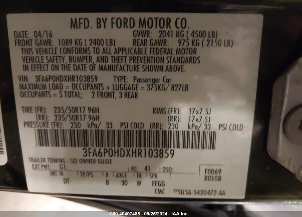 2017 FORD FUSION SE VIN: 3FA6P0HDXHR103859