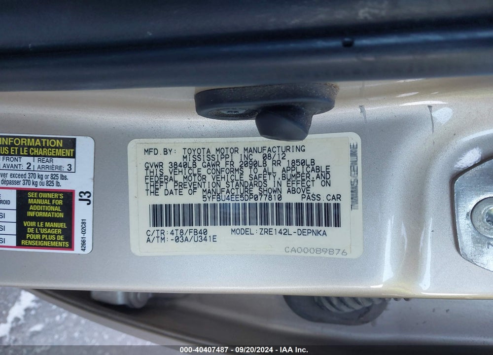2013 TOYOTA COROLLA LE VIN: 5YFBU4EE5DP077810