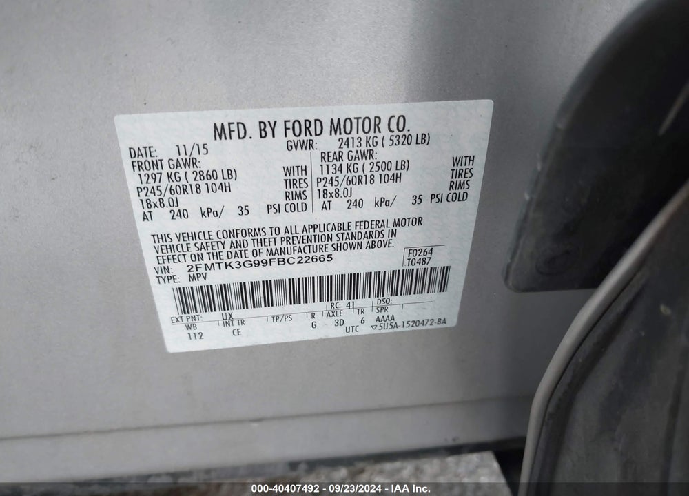 2015 FORD EDGE SE VIN: 2FMTK3G99FBC22665