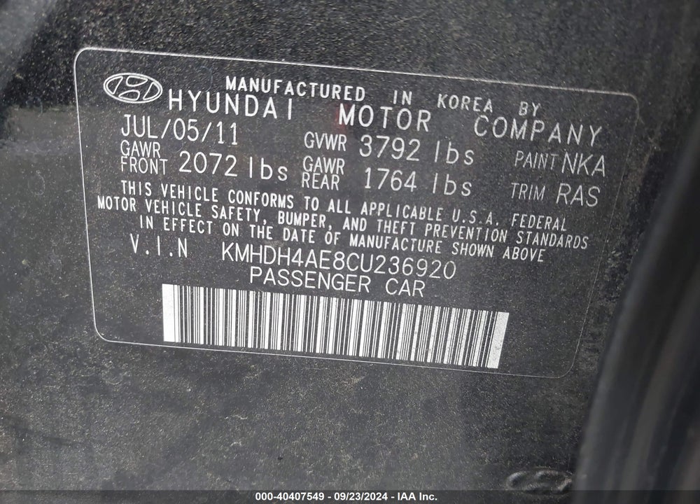 2012 HYUNDAI ELANTRA GLS (ULSAN PLANT) VIN: KMHDH4AE8CU236920