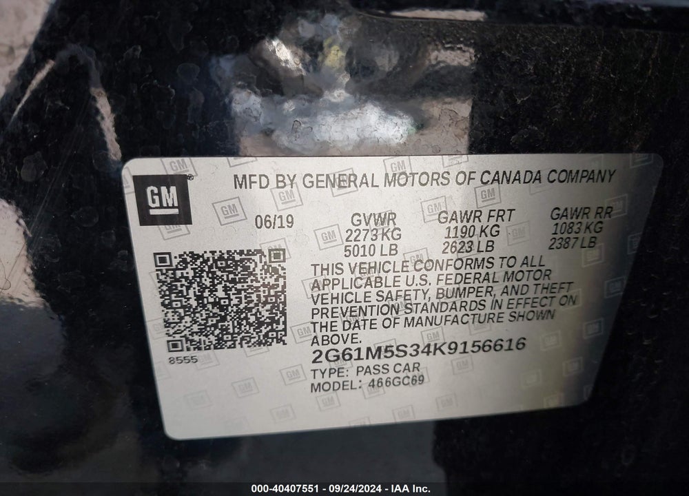 2019 CADILLAC XTS LUXURY VIN: 2G61M5S34K9156616