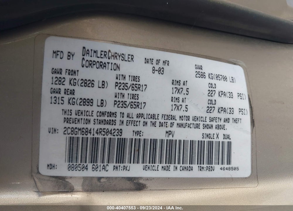 2004 CHRYSLER PACIFICA VIN: 2C8GM68414R504239