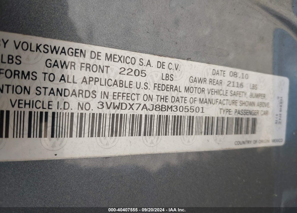 2011 VOLKSWAGEN JETTA 2.5L SE VIN: 3VWDX7AJ8BM305501