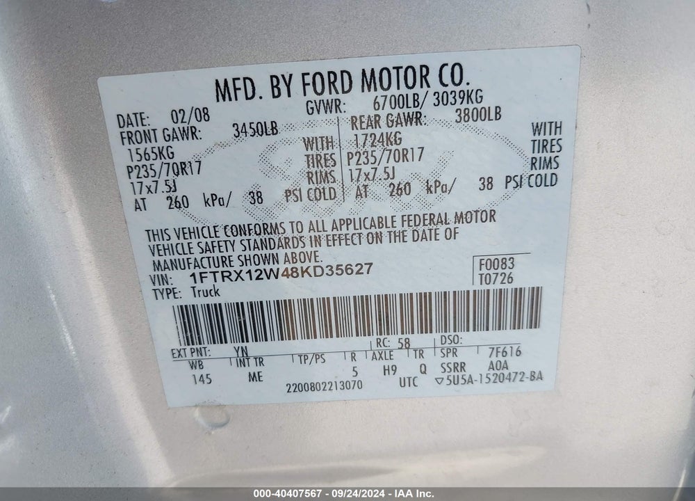 2008 FORD F-150 FX2/STX/XL/XLT VIN: 1FTRX12W48KD35627