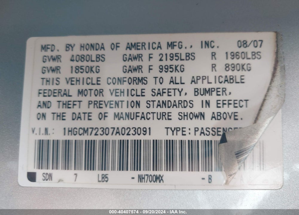 2007 HONDA ACCORD 2.4 LX VIN: 1HGCM72307A023091