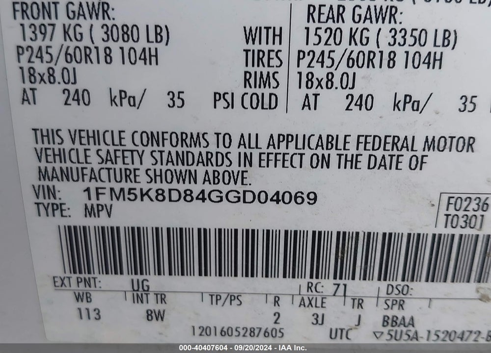2016 FORD EXPLORER XLT VIN: 1FM5K8D84GGD04069