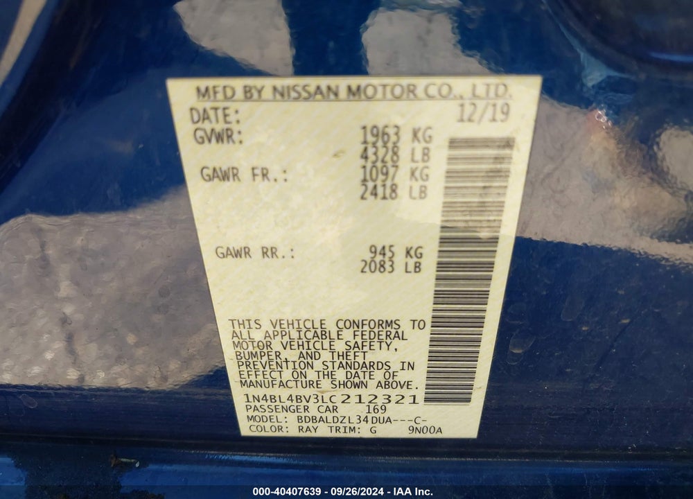 2020 NISSAN ALTIMA S FWD VIN: 1N4BL4BV3LC212321