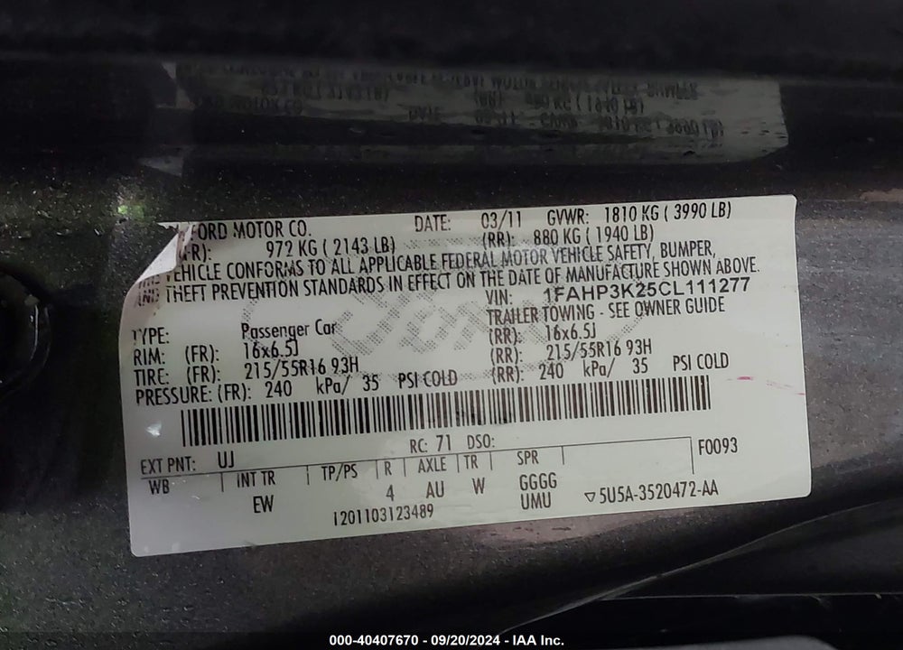 2012 FORD FOCUS SE VIN: 1FAHP3K25CL111277