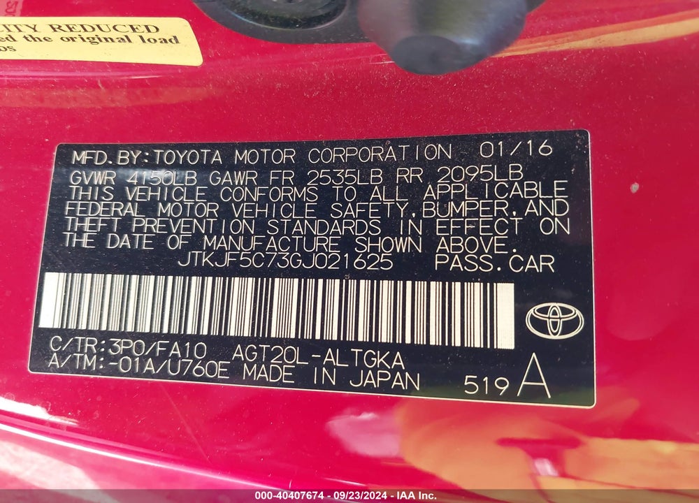 2016 SCION TC VIN: JTKJF5C73GJ021625