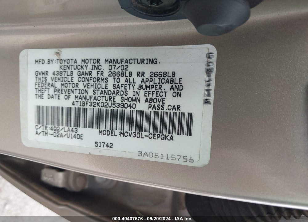 2002 TOYOTA CAMRY XLE V6 VIN: 4T1BF32K02U539040