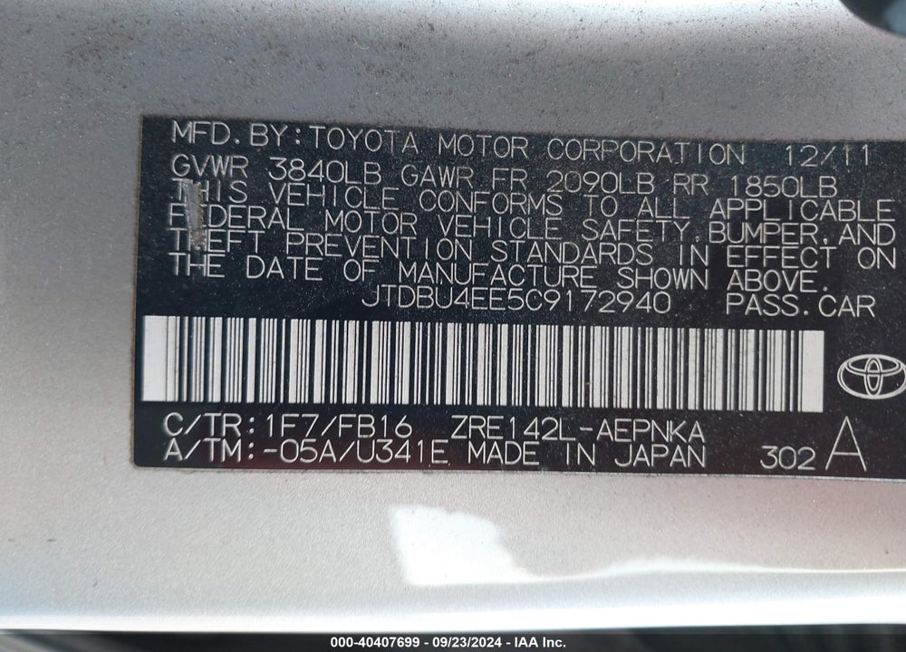 2012 TOYOTA COROLLA LE VIN: JTDBU4EE5C9172940