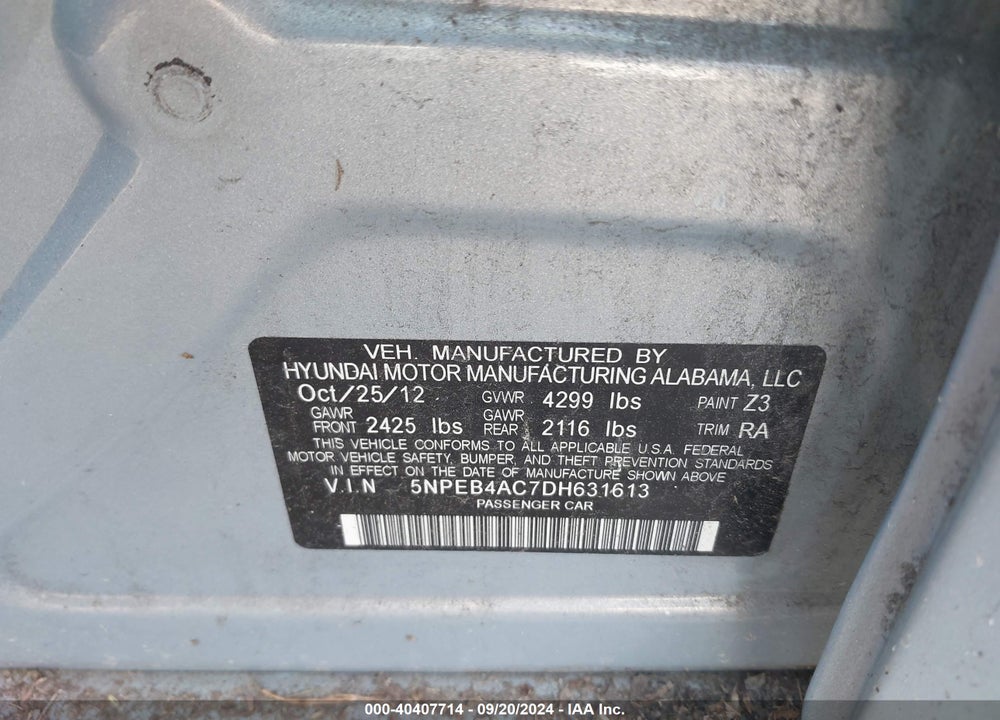 2013 HYUNDAI SONATA GLS VIN: 5NPEB4AC7DH631613