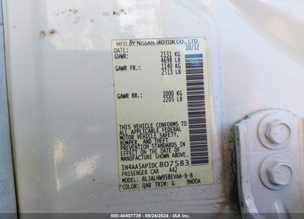 2013 NISSAN MAXIMA 3.5 SV VIN: 1N4AA5AP1DC807583