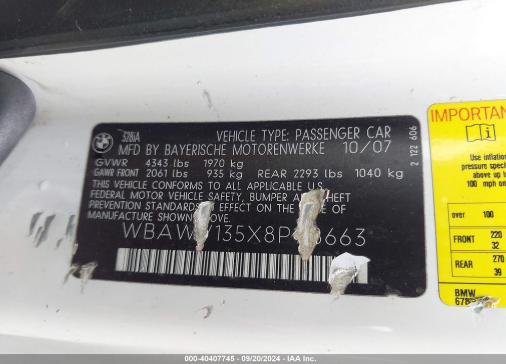 2008 BMW 328I VIN: WBAWV135X8P118663